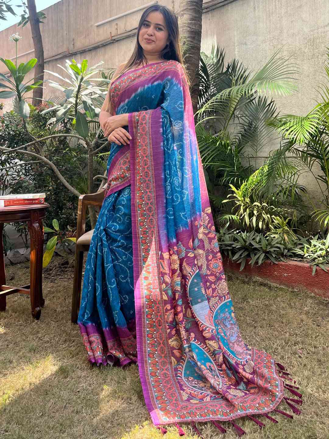 Blue Colour Design Linen Saree with Bandhej and kalamkari Digital Print