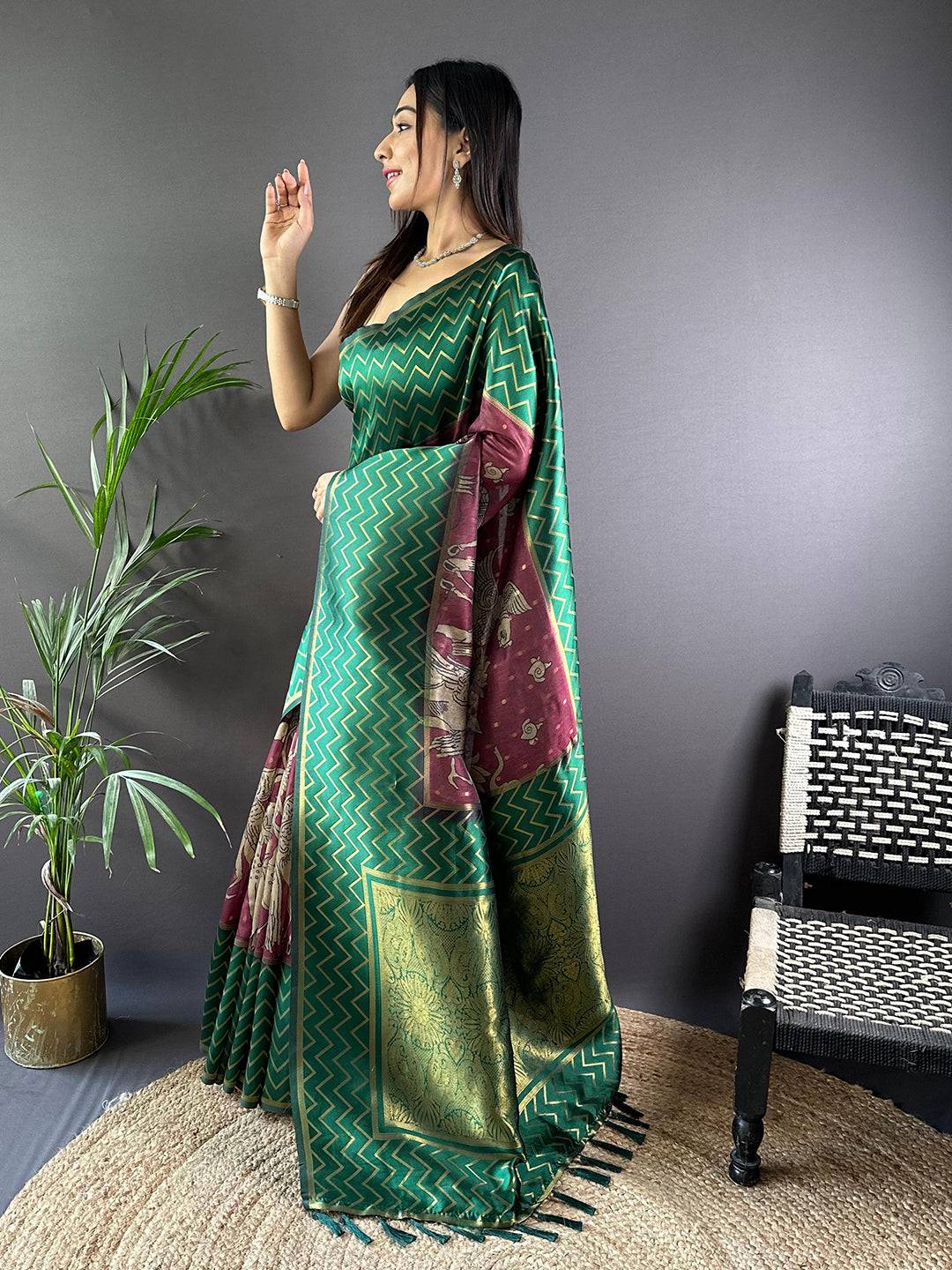 Green Heritage Weave Kalamkari Soft Silk Saree by My Store