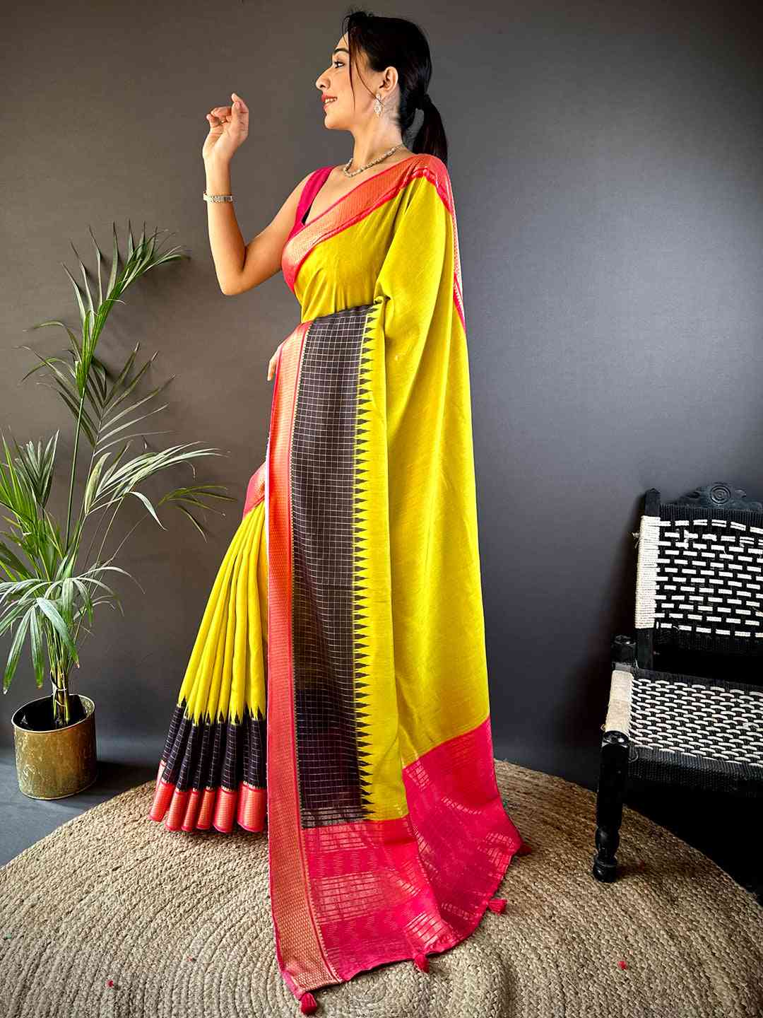 Lemon Yellow Zari Pallu Cotton Viscose Saree by My Store