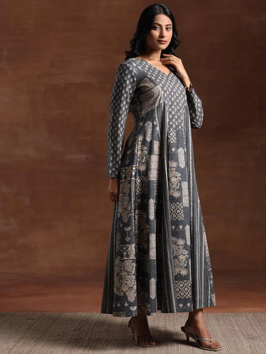 Grey Printed Cotton Blend A-Line Dress by My Store