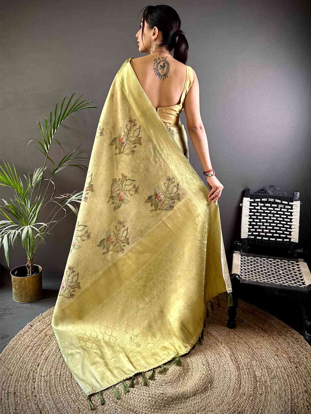 Stylish Olive Self Gold Zari Floral Print Saree by My Store