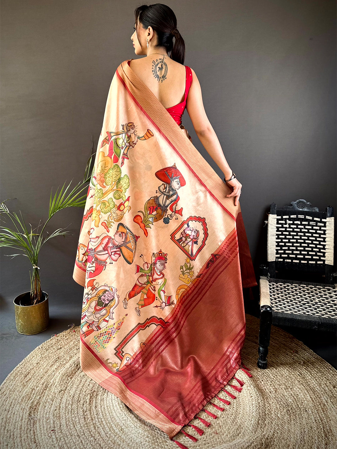 Peach Digital Kalamkari Printed Tussar Silk Saree by My Store