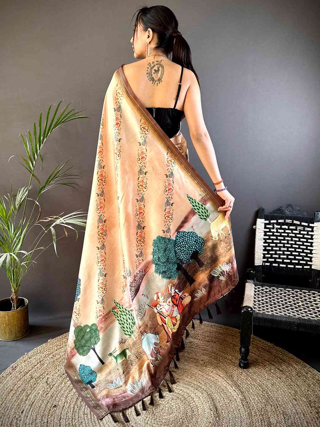 Peach Jungle Printed Silk Saree by My Store