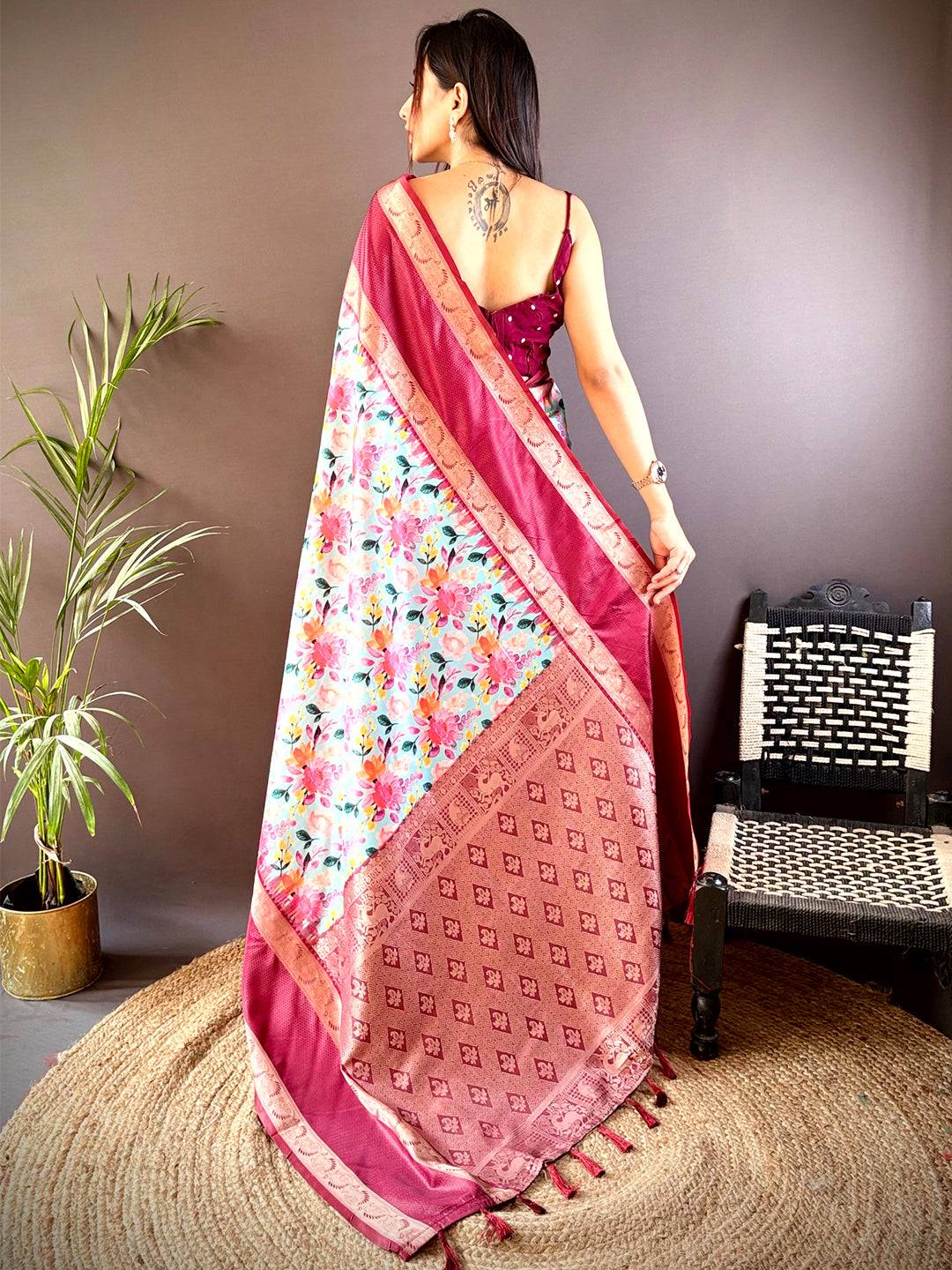 Opulent Wine Banarasi Soft Silk Saree by My Store