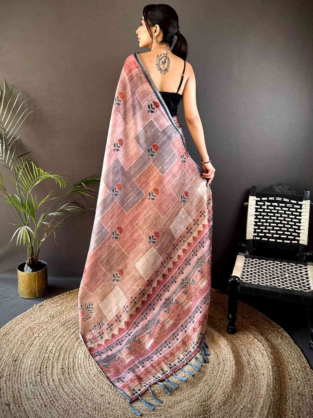 Dusty Rose Tissue Chanderi Geometric Floral Saree by My Store