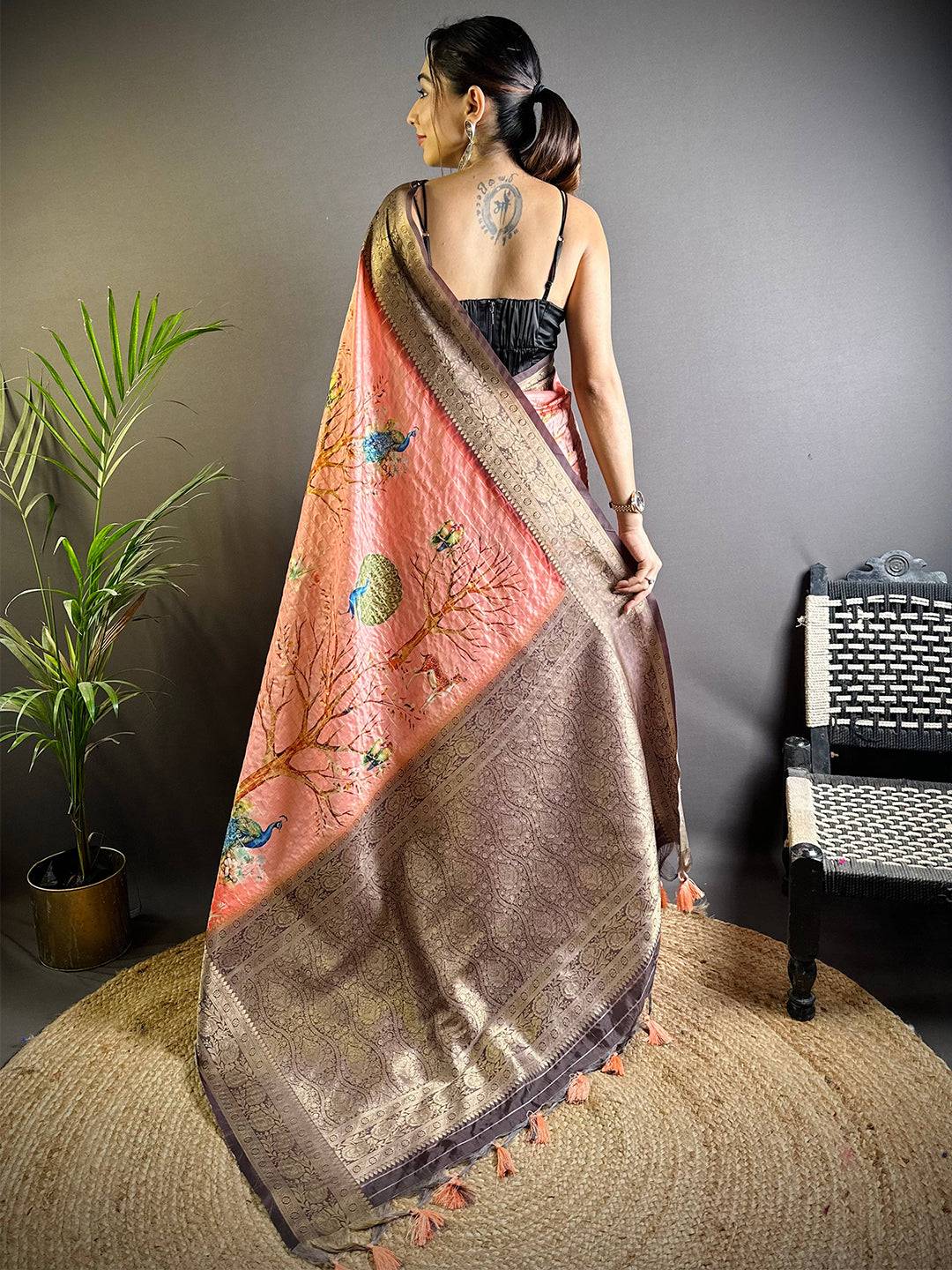 Peach Chex Radiance Banarasi Silk Saree by My Store