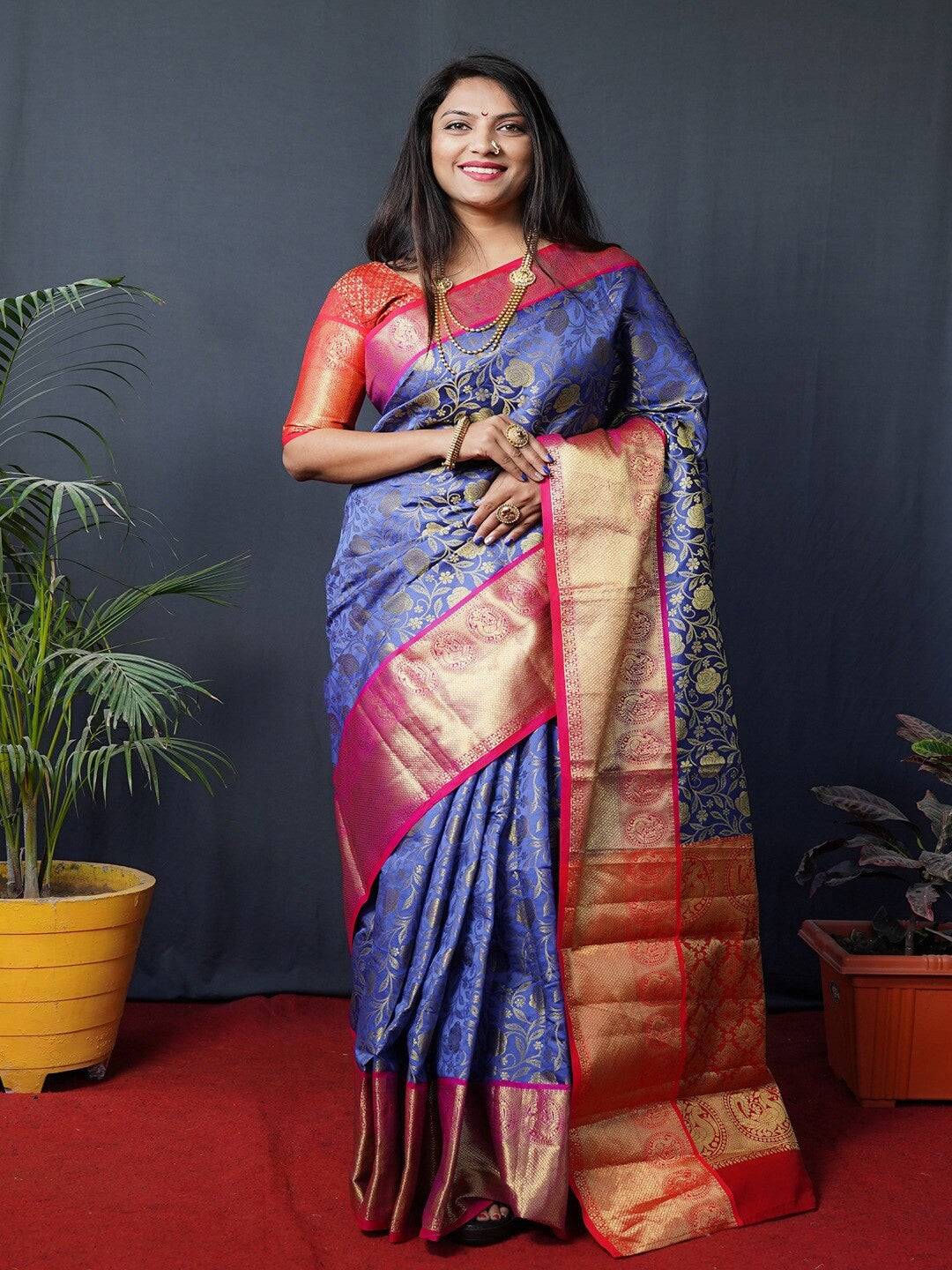 Royal Blue Floral Zari Banarasi Kanjivaram Silk Saree by My Store
