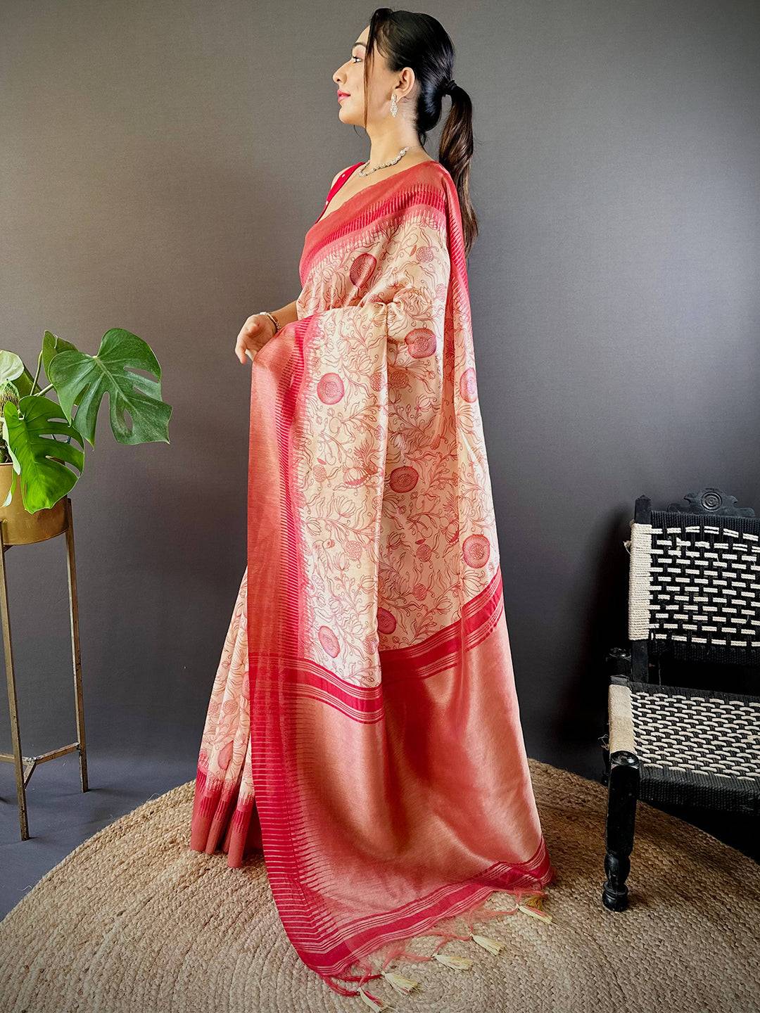 Pink Floral Tussar Silk Saree by My Store