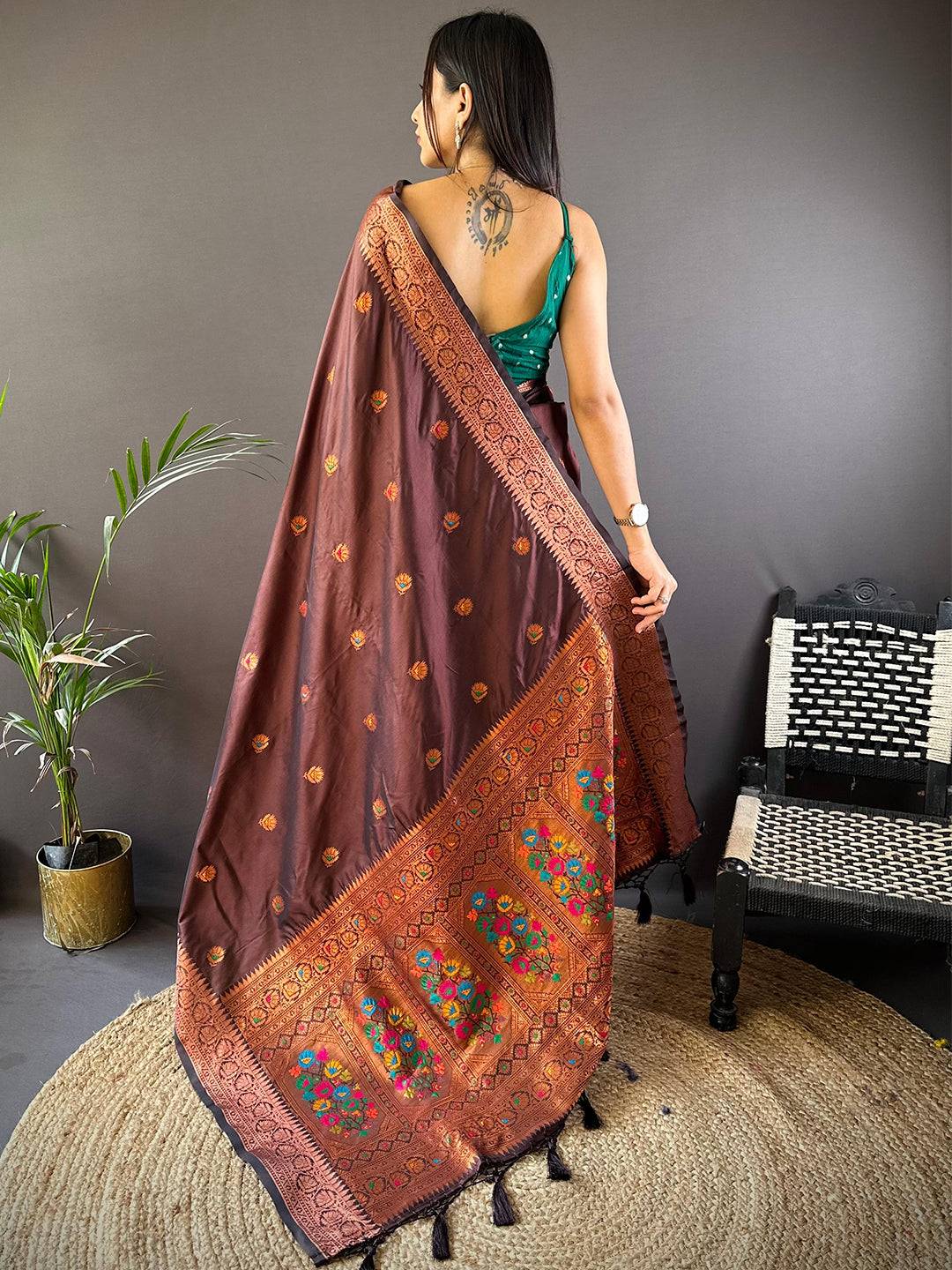 Brown Soft Silk Coppar Zari Weaving Saree by My Store