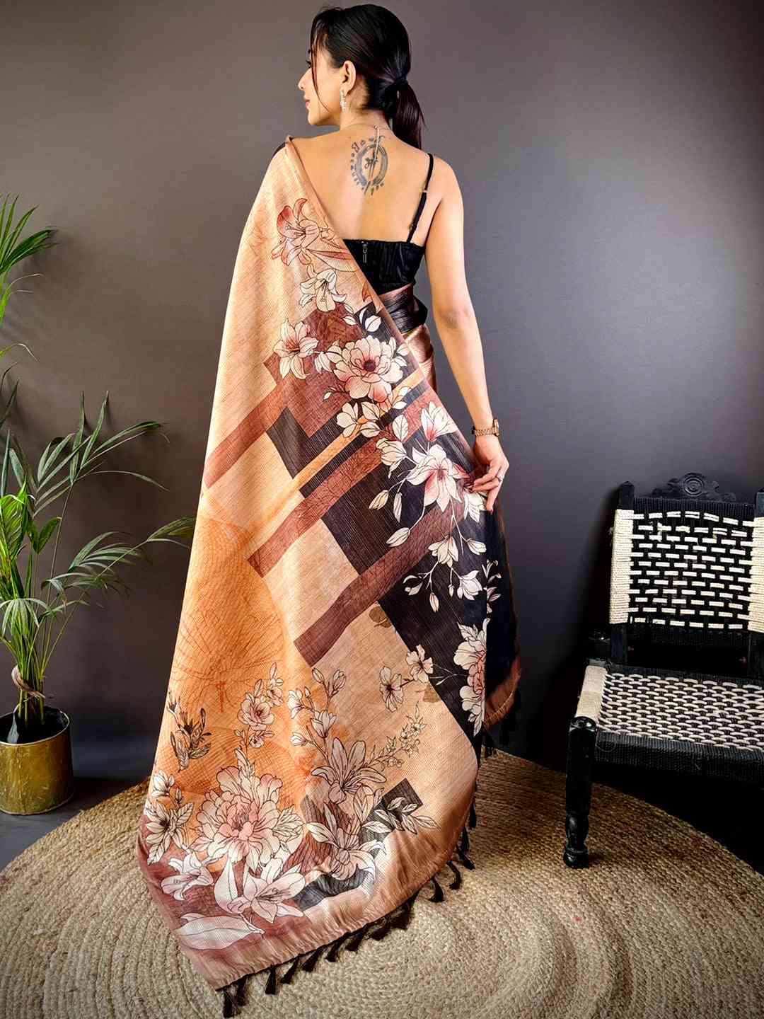 Petals Peach Tussar Zari Floral Saree by My Store