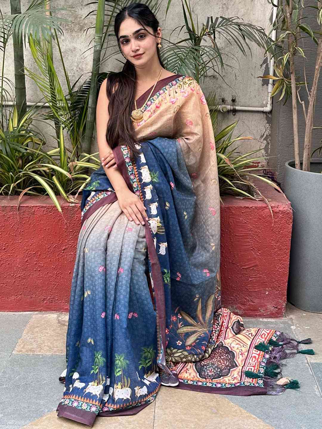 Soft Linen Ombre Pichwai Printed Blue Colour Saree by My Store