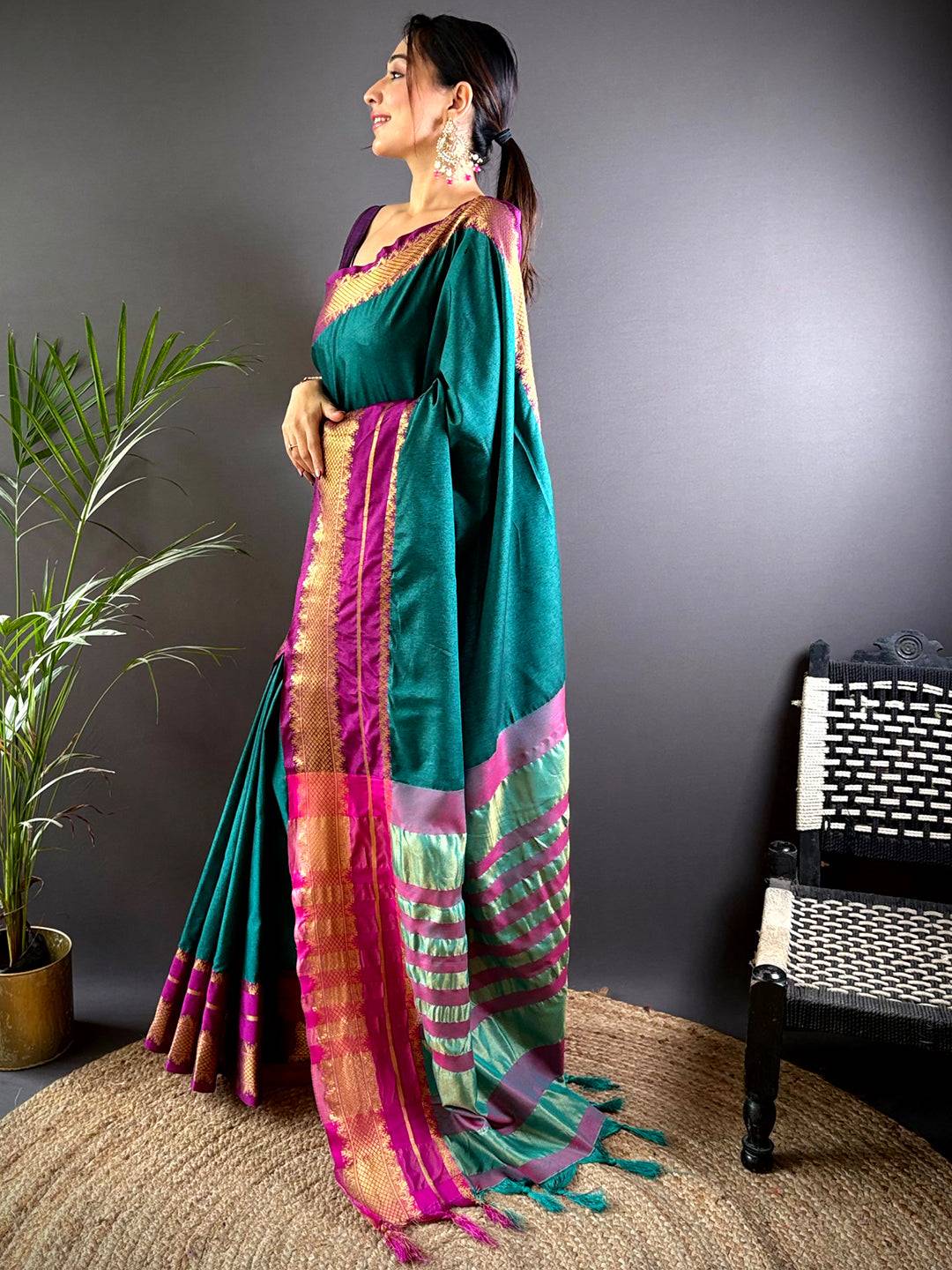 Gold Zari Magenta Accent Saree by My Store