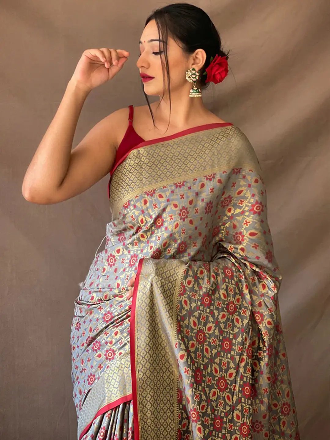 Grey Rajkoti Patola Silk Zari Woven Saree by My Store