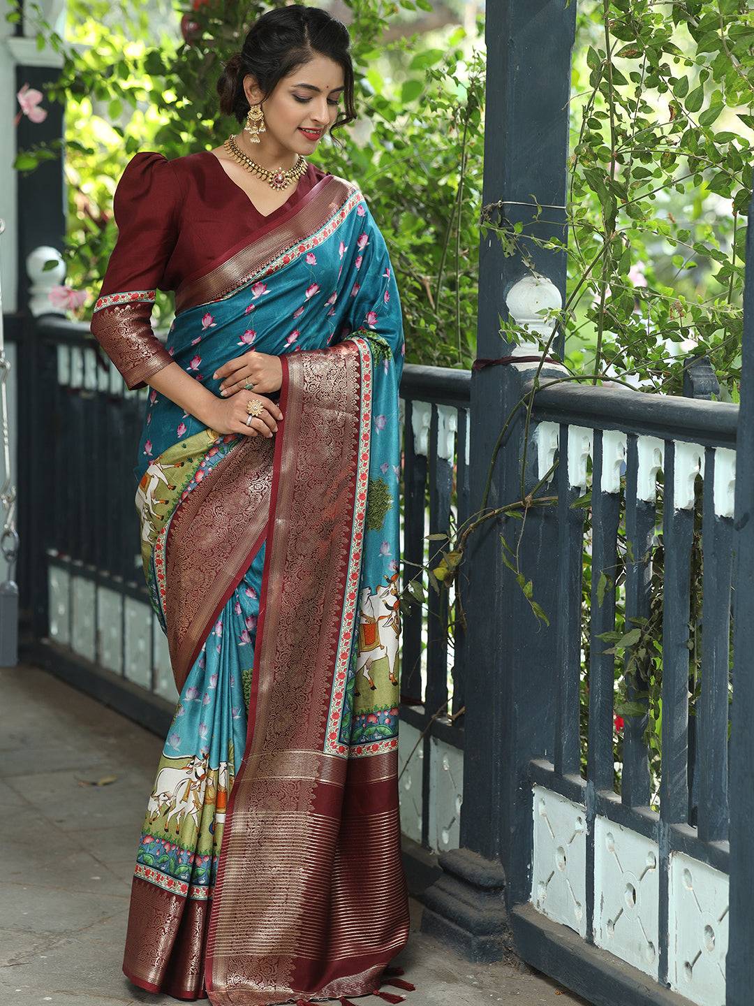 Pichwai Print Zari Weaving Pallu Saree In Blue Colour - Luxe by My Store