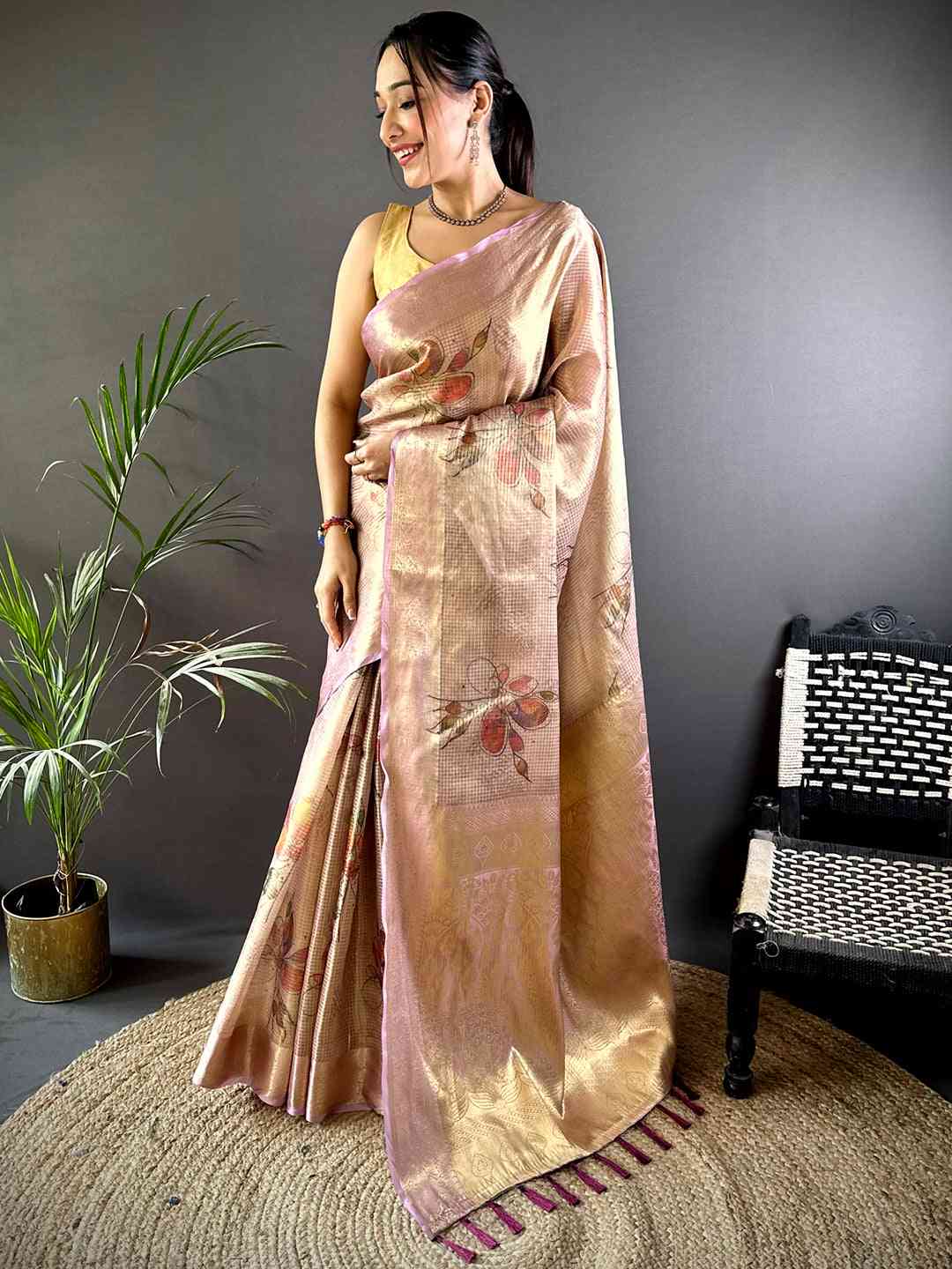 Stylish Wine Self Gold Zari Floral Print Saree by My Store