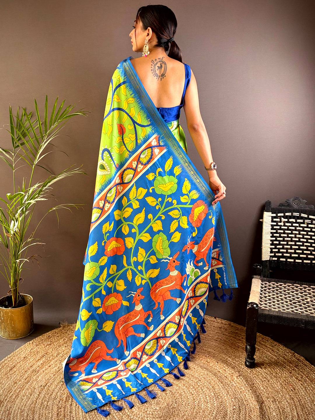 Volt Green Soft Silk Kalamkari Saree