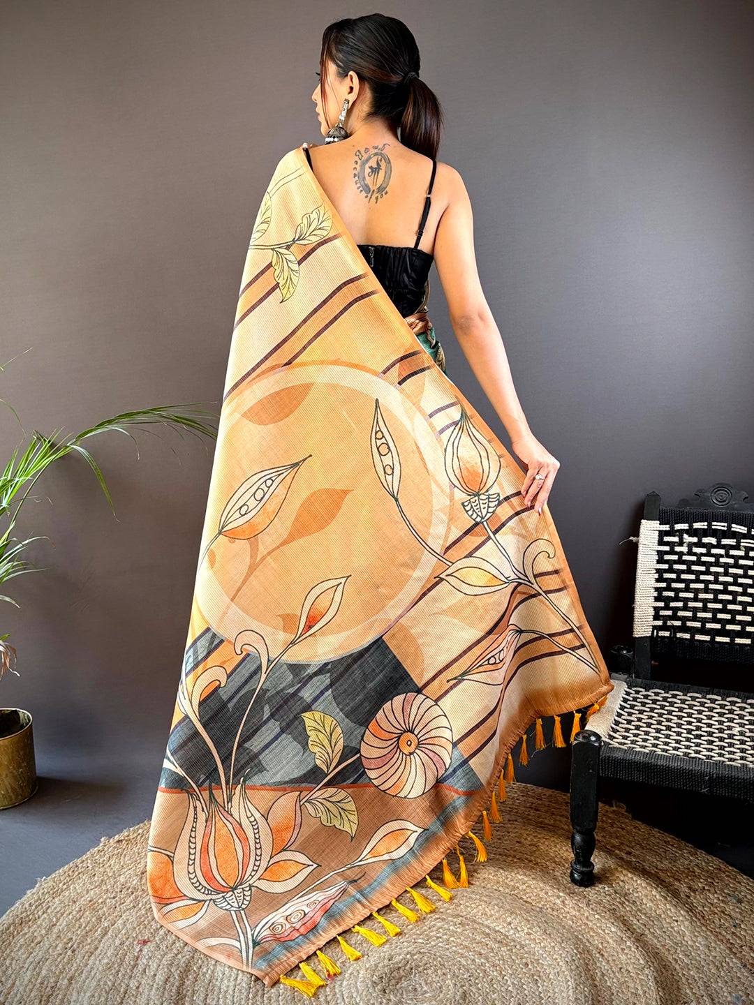Peach Zari Tussar Printed Saree by My Store