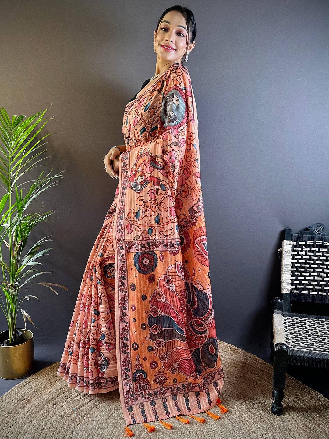 Peach Blossom Kalamkari Saree by My Store
