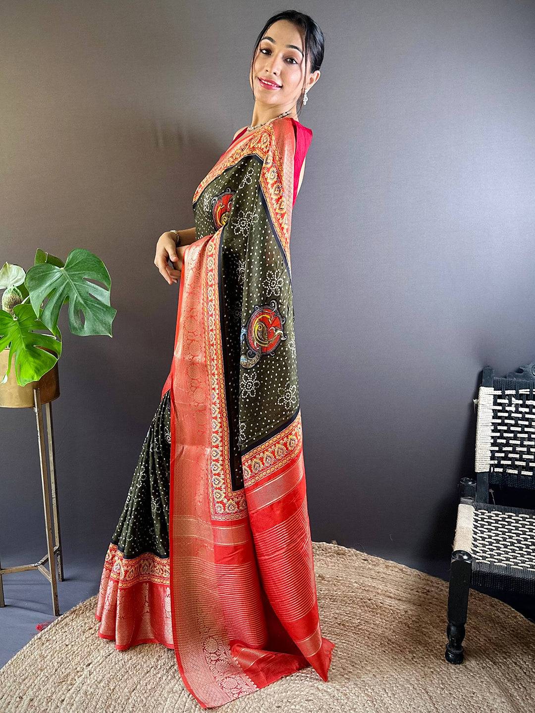 Olive Bloom Dola Silk Bandhej Saree by My Store