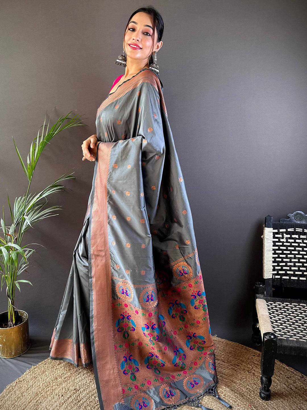 Dark Grey Copper Elegance Soft Silk Saree by My Store