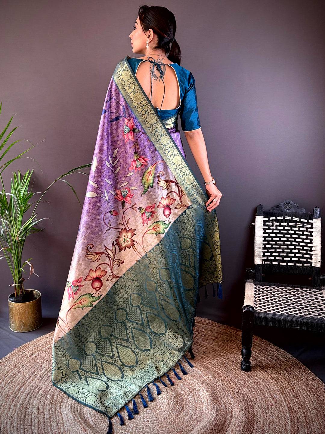 Purple Ombre Floral Digital Print Saree by My Store