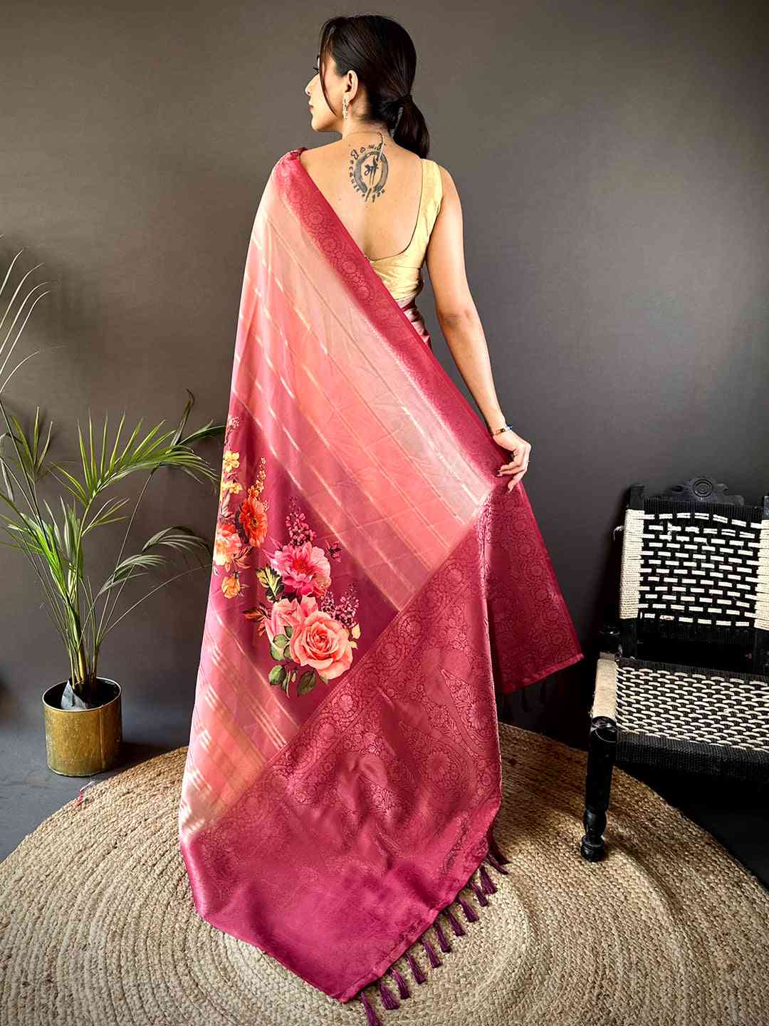 Coral Kalamkari Ombre Crepe Silk Saree by My Store