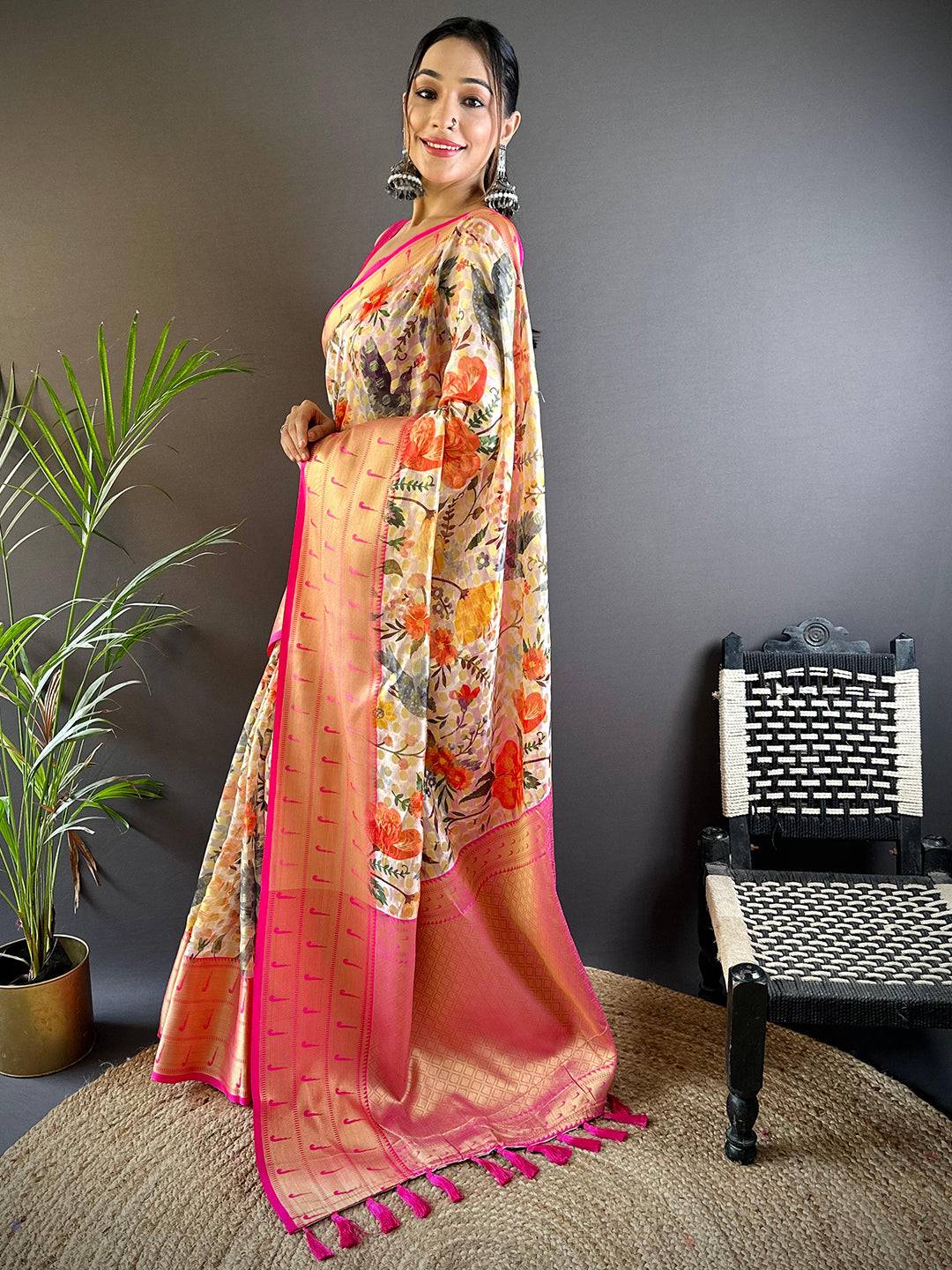 Ivory Floral Paithani Kora Silk Saree by My Store