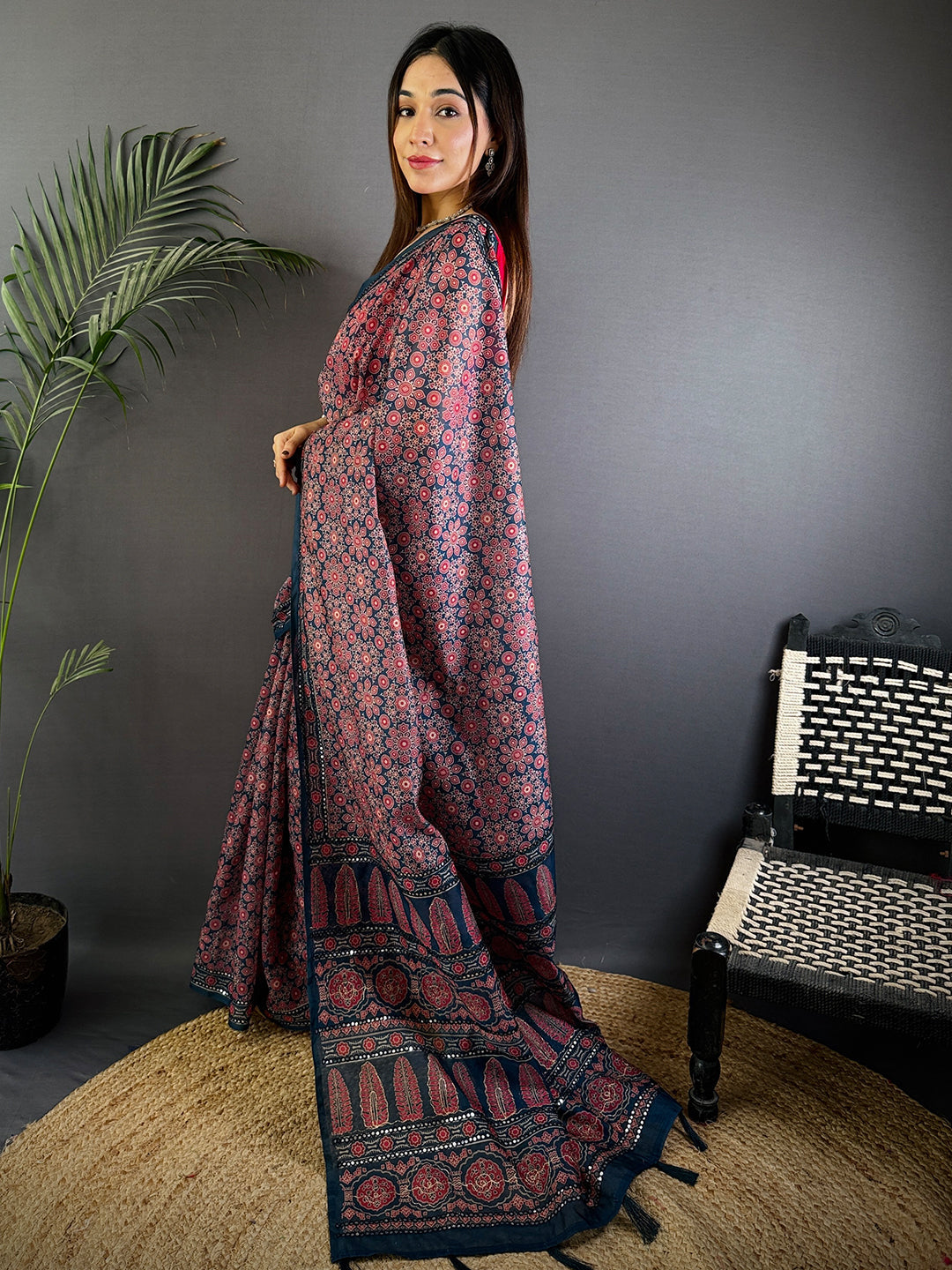 Navy Blue Charm Mirror Work Silk Saree by My Store