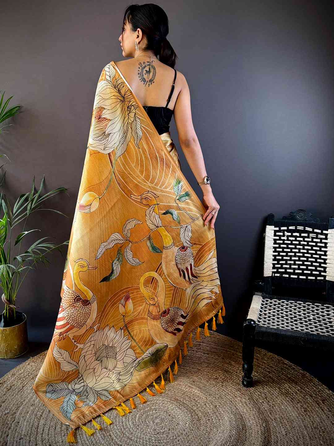 Honey Yellow Semi Zari Tussar Botanical Saree by My Store