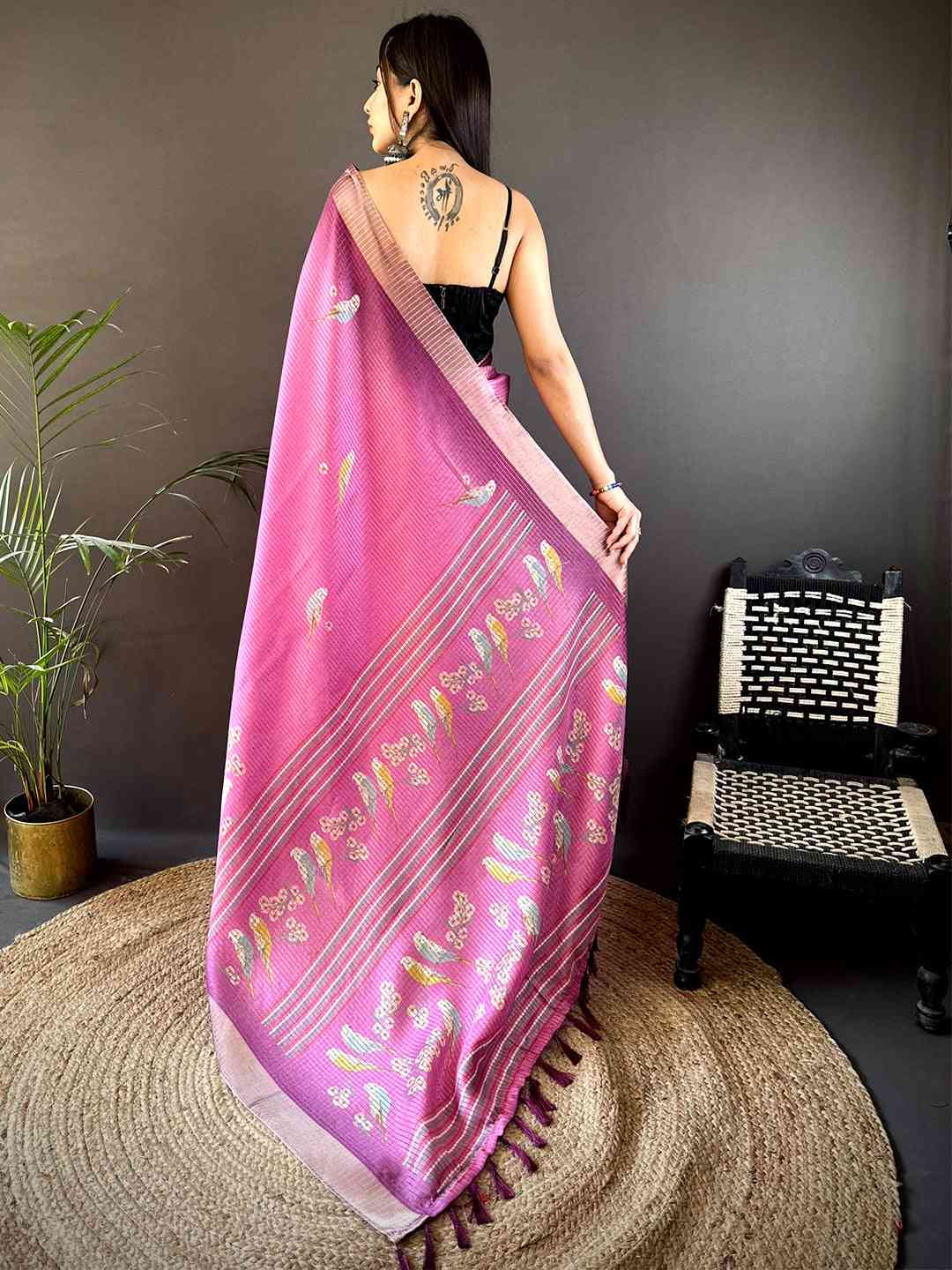 Pink Chanderi Check Sparrow Print Saree by My Store