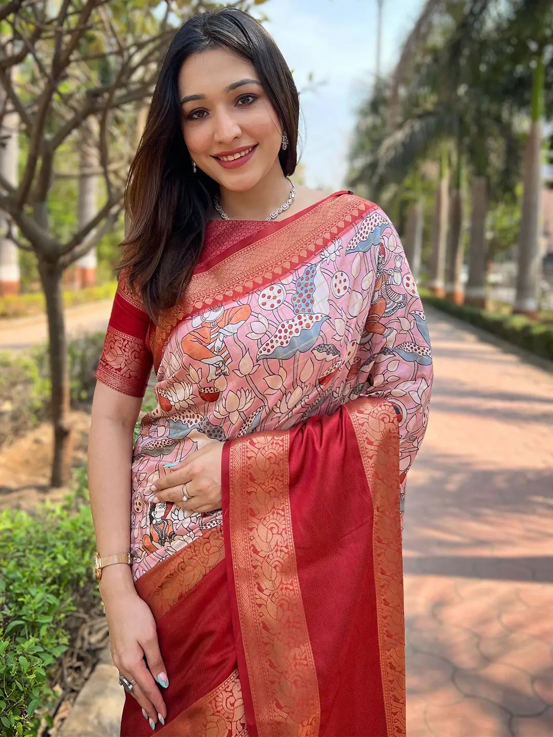 Pink Colour Double Border Chex Weaving Banarasi Soft Silk Saree