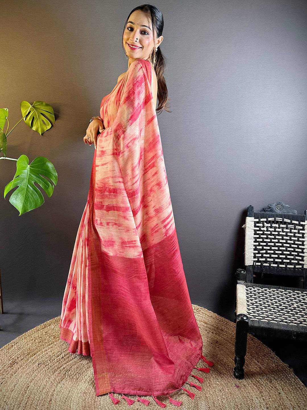 Blush Pink Shibori Print Linen Saree by My Store
