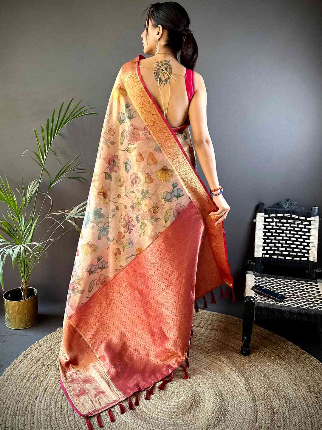 Tan Beige Floral Gold Zari Tissue Saree by My Store