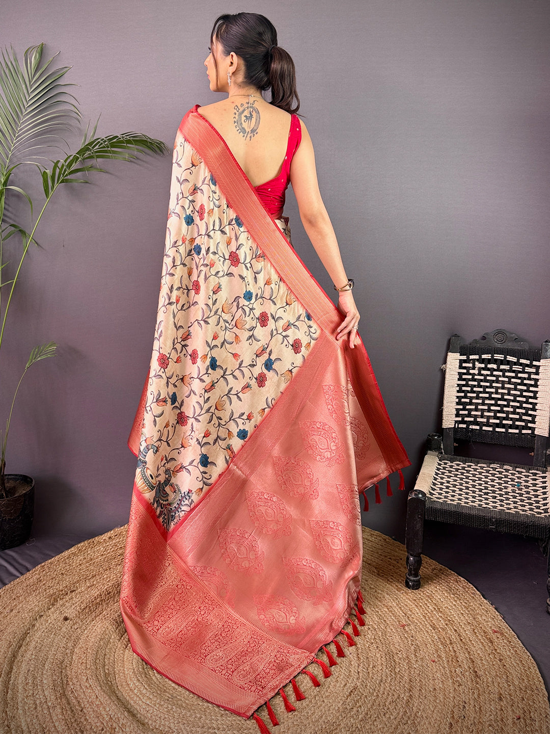 Cream Cherry Satin Kalamkari Saree by My Store