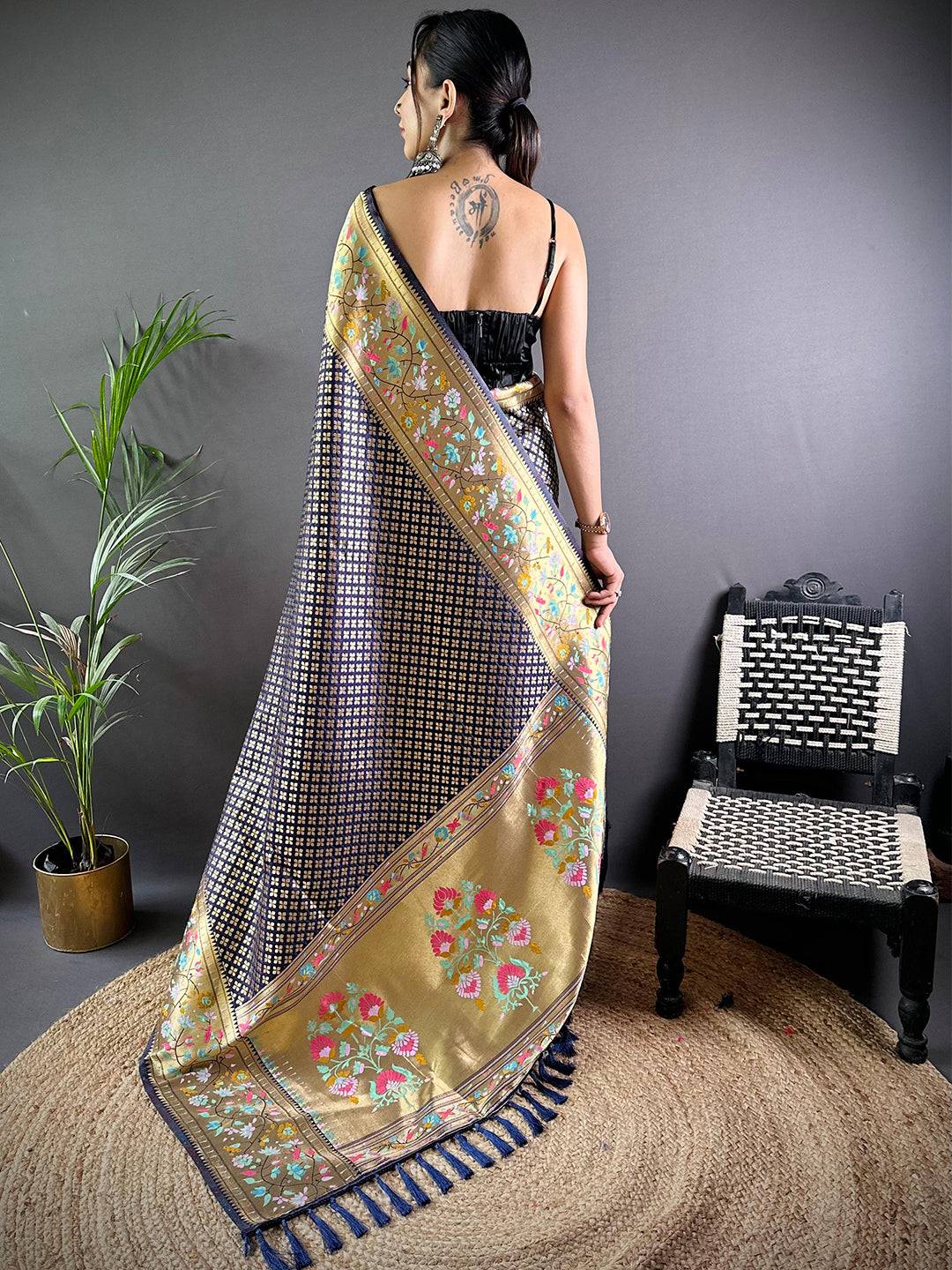 Navy Banarasi Mina Kari Katan Silk Saree by My Store