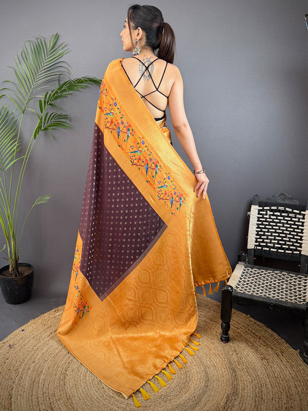 Brown Gadwal Silk Double Chex Saree by My Store