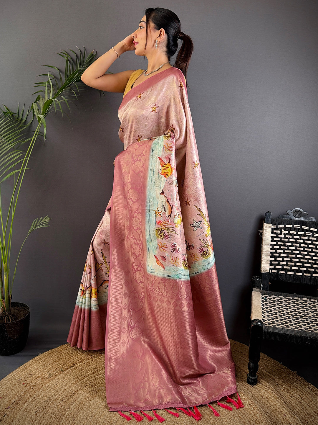 Rust Pink Kanjivaram Silk Digital Print Saree by My Store