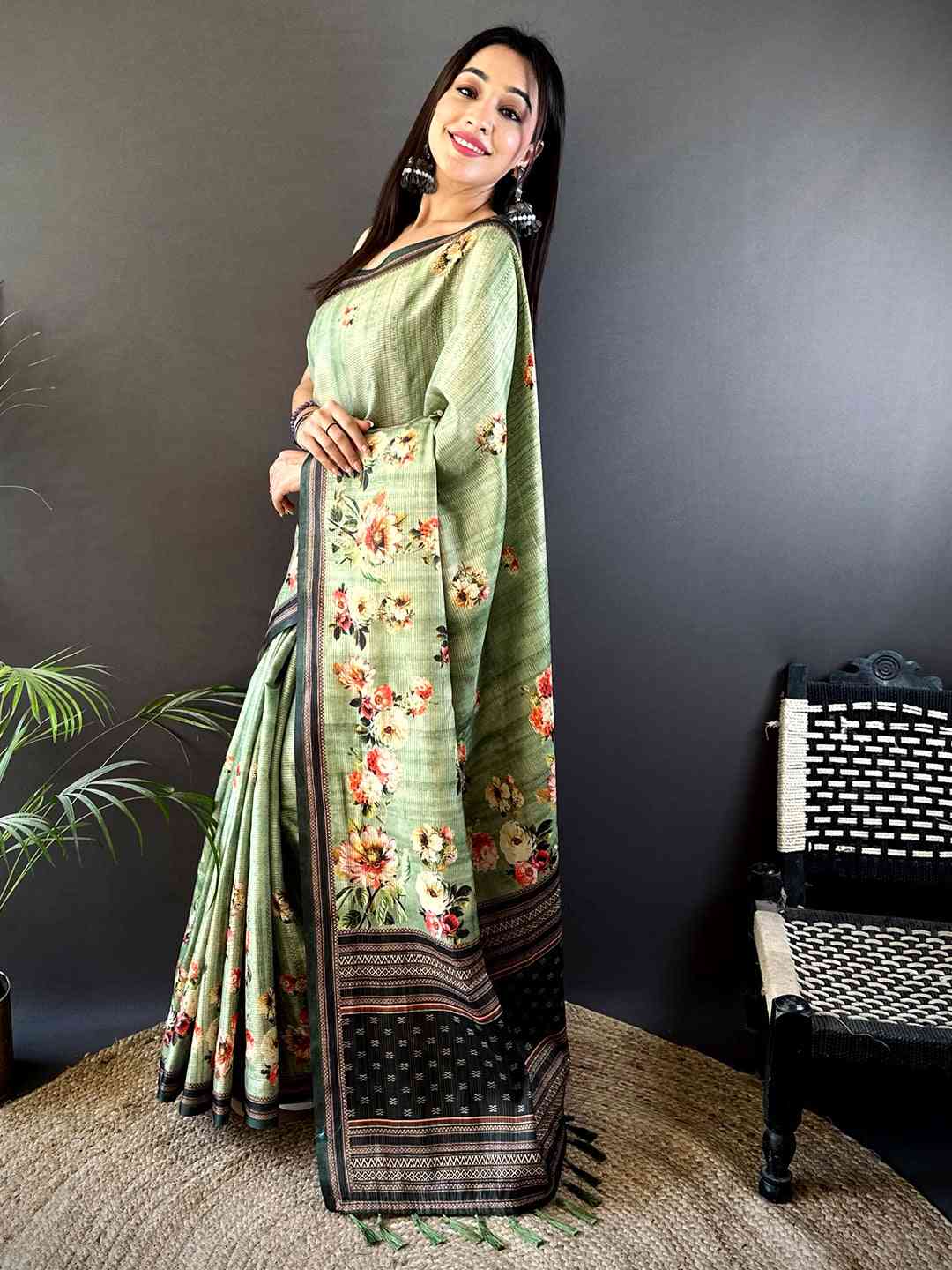 Floral Beauty in Light Green Tussar Zari Saree by My Store