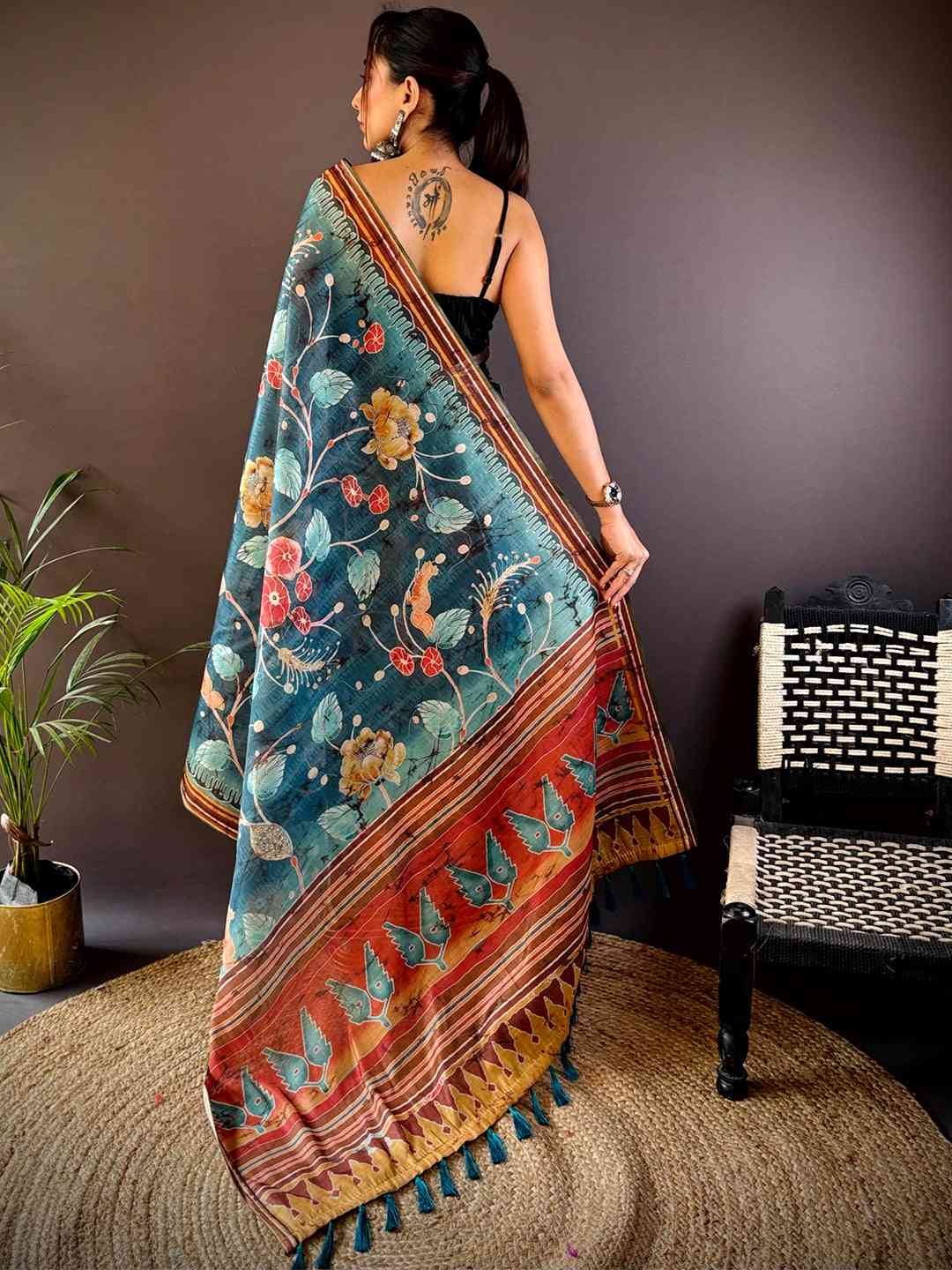 Rama Tissue Chanderi Kalamkari Saree by My Store