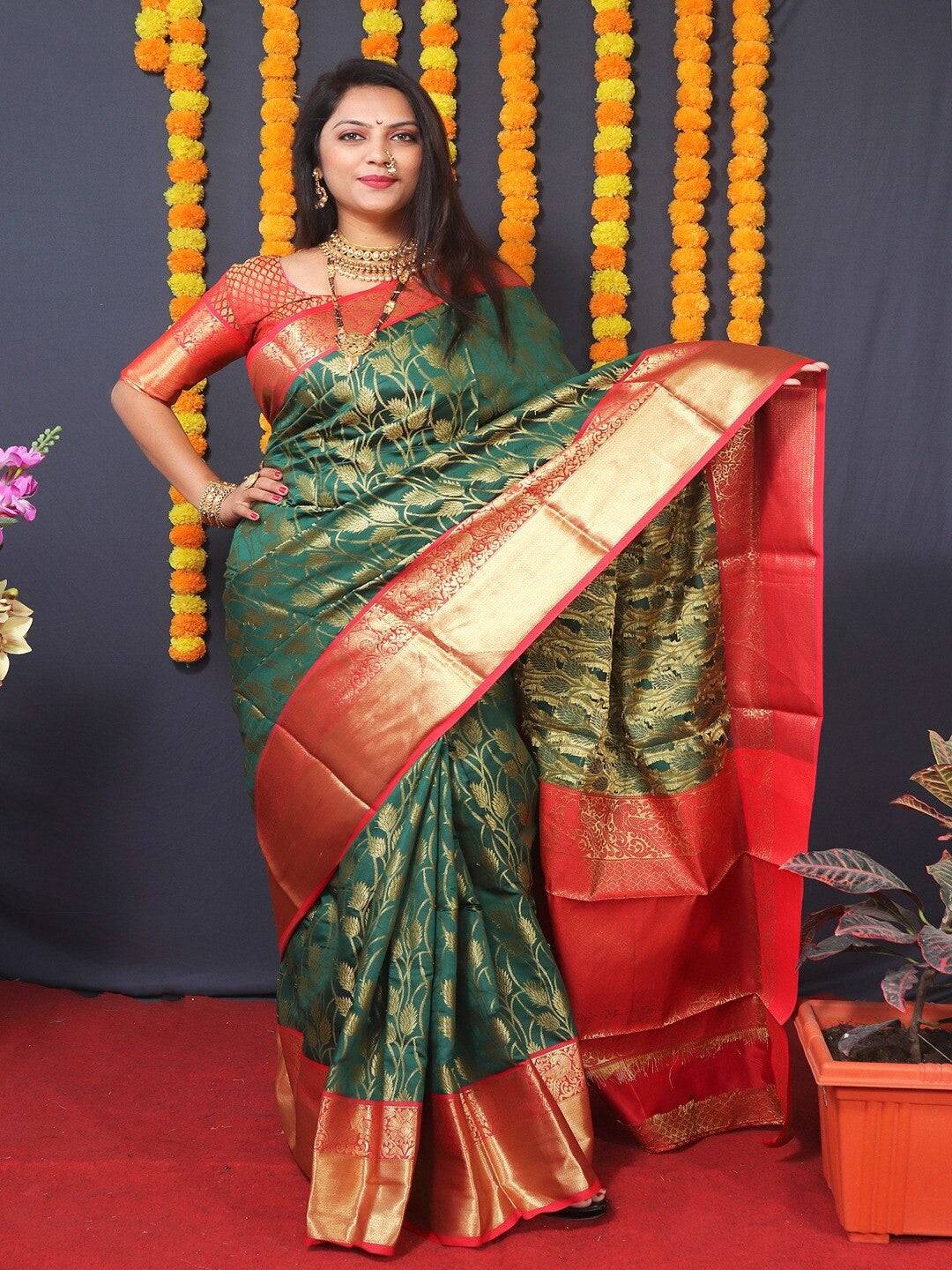 Green Kanjivaram Silk Golden Zari Weaving Saree by My Store