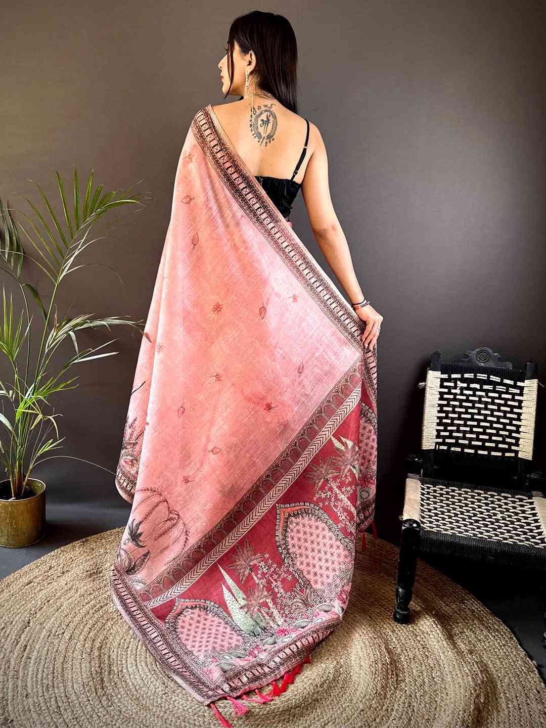 Blush Pink Tissue Floral Leaf Print Saree by My Store