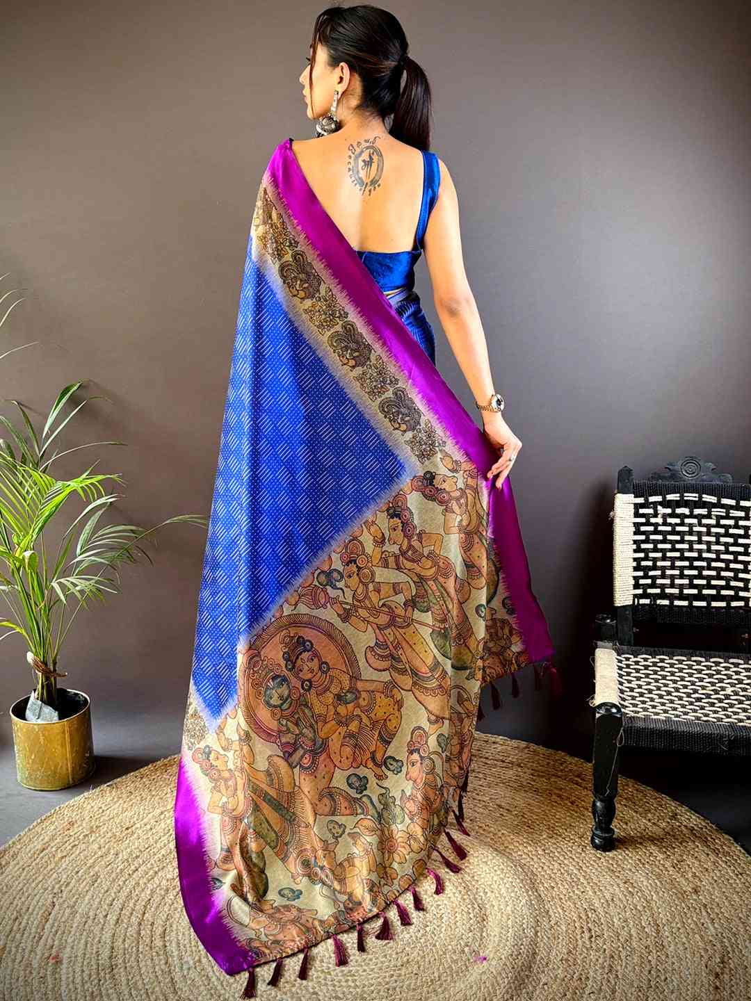 Blue Soft Silk Kalamkari Pallu Saree