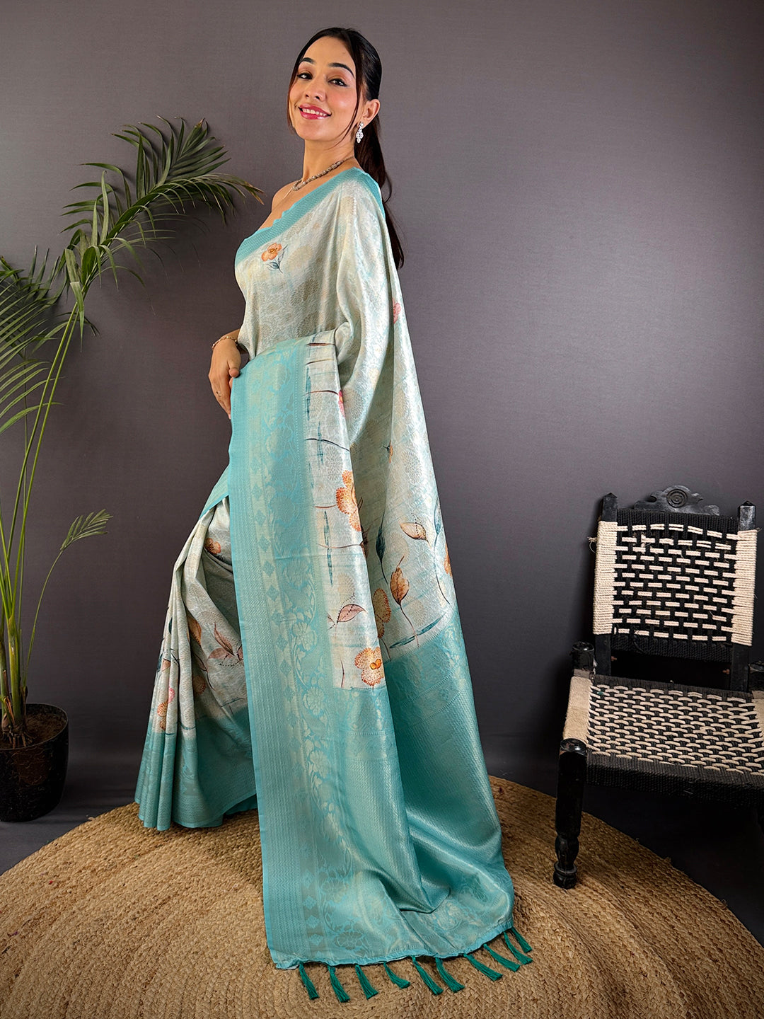 Sky Blue Kanjivaram Silk Digital Print Saree by My Store