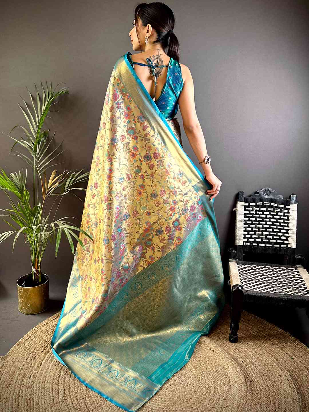 Radiant Rama Butterfly Floral Dharmavaram Saree by My Store