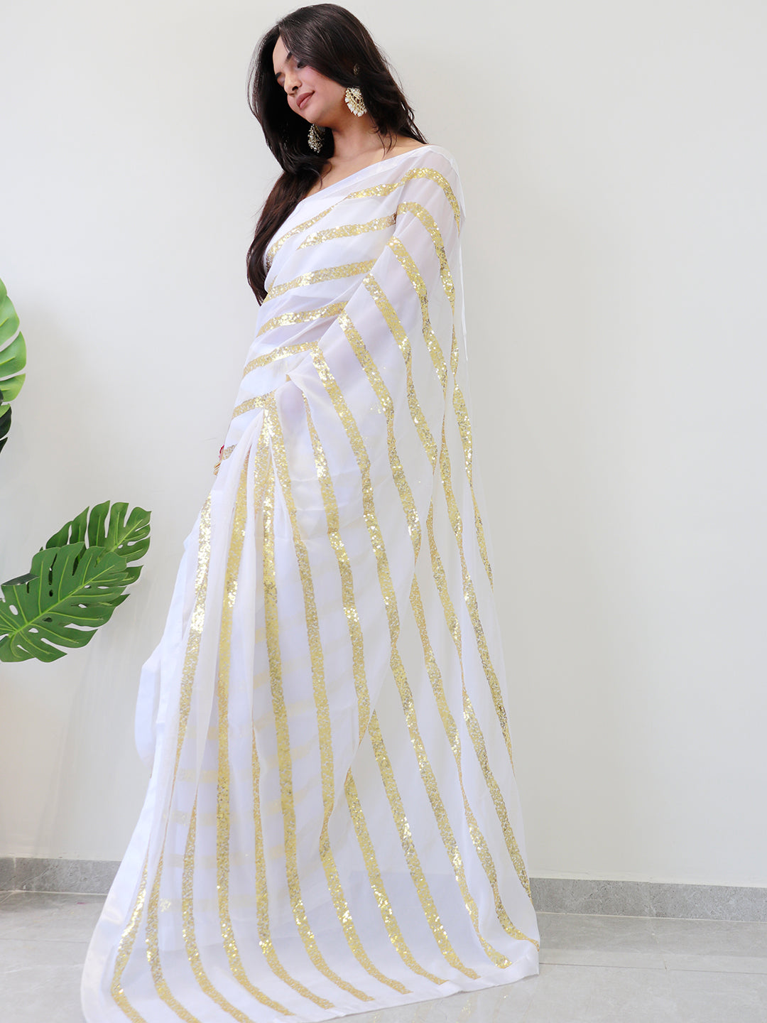 Modern Elegance Georgette Saree with Striped Sequins Work and Solid Border by My Store