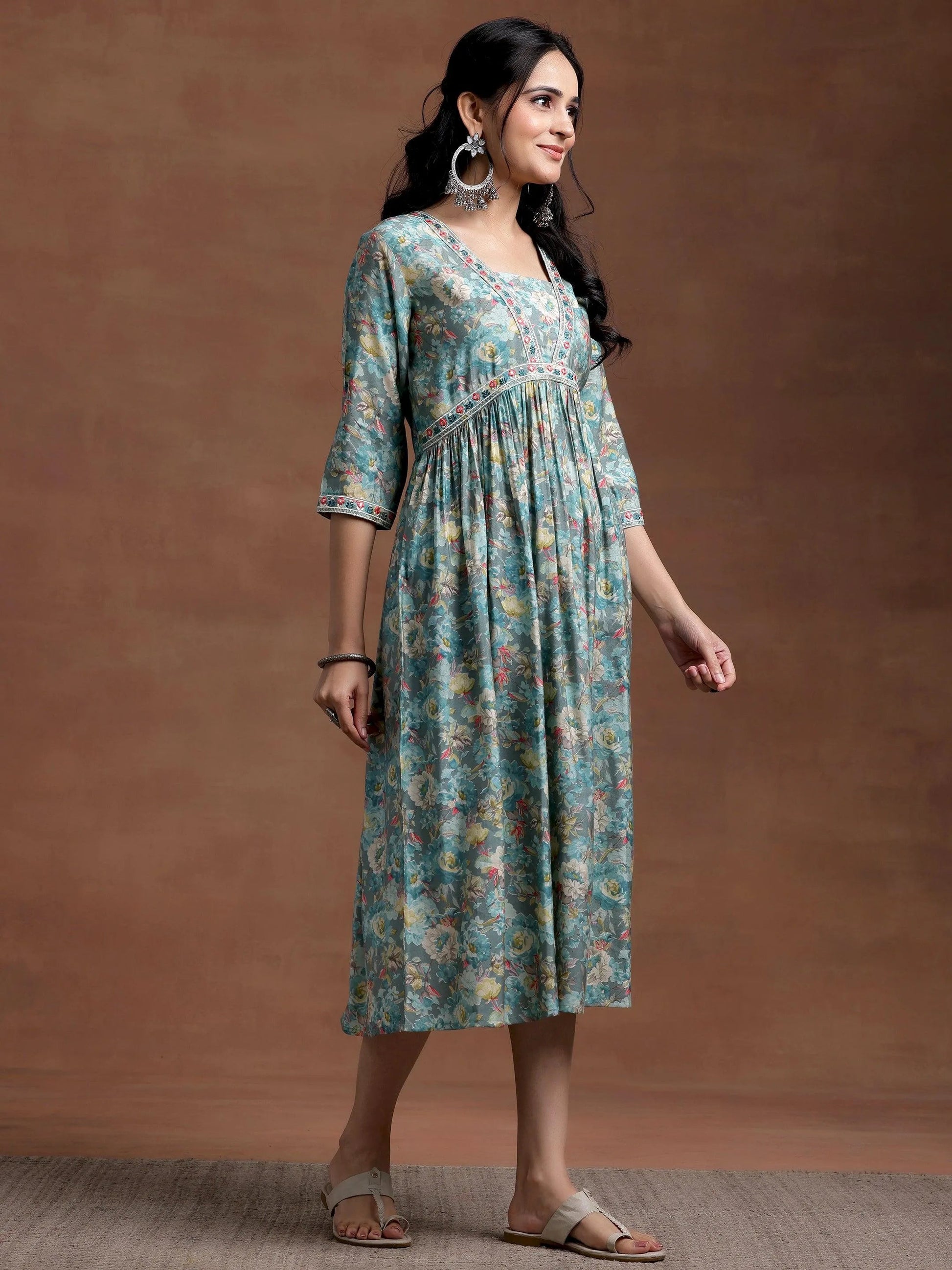 Grey Printed Silk Fit and Flare Dress by My Store