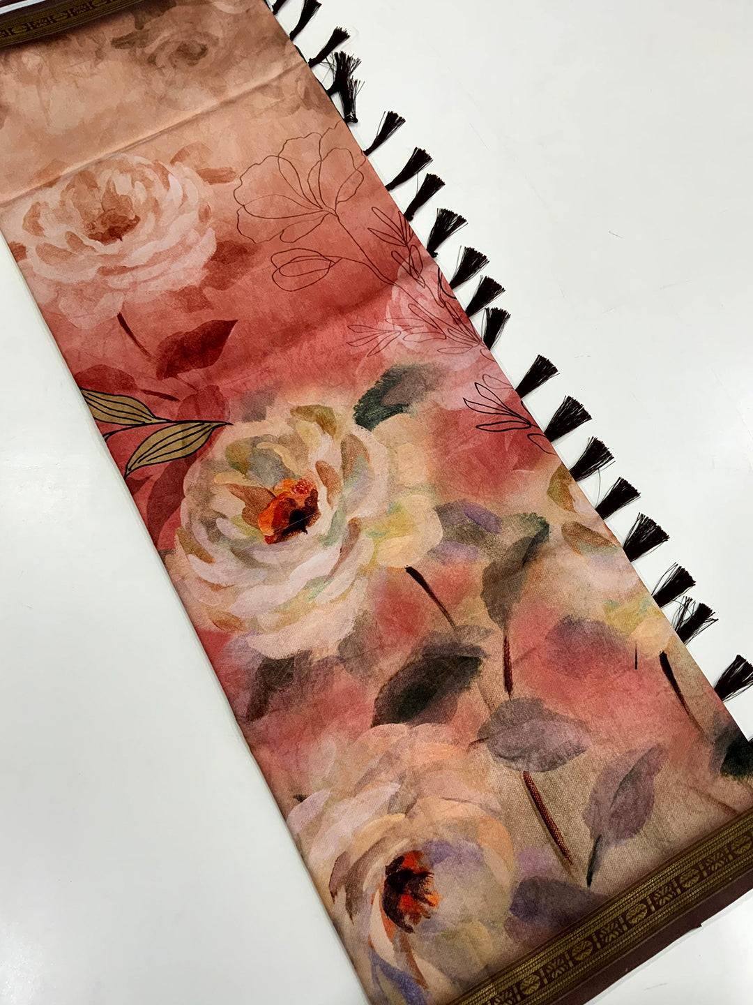 Peach Soft Silk Watercolor Floral Print Saree by My Store