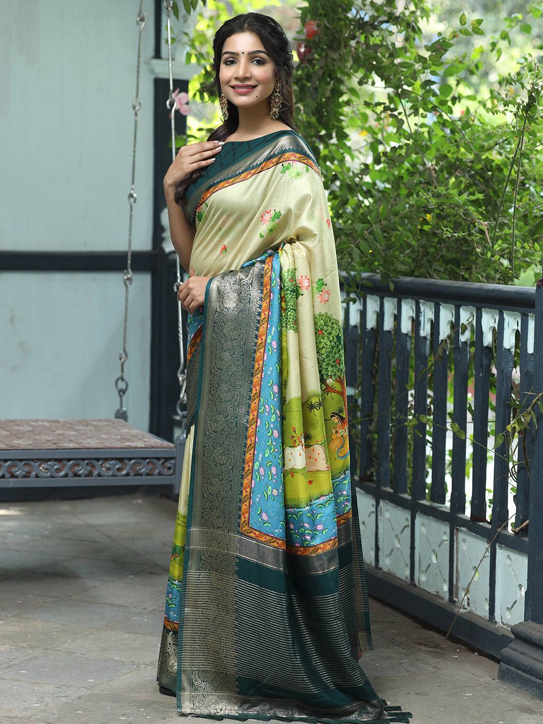 Pichwai Print Zari Weaving Pallu Saree In Pista Colour - Luxe by My Store
