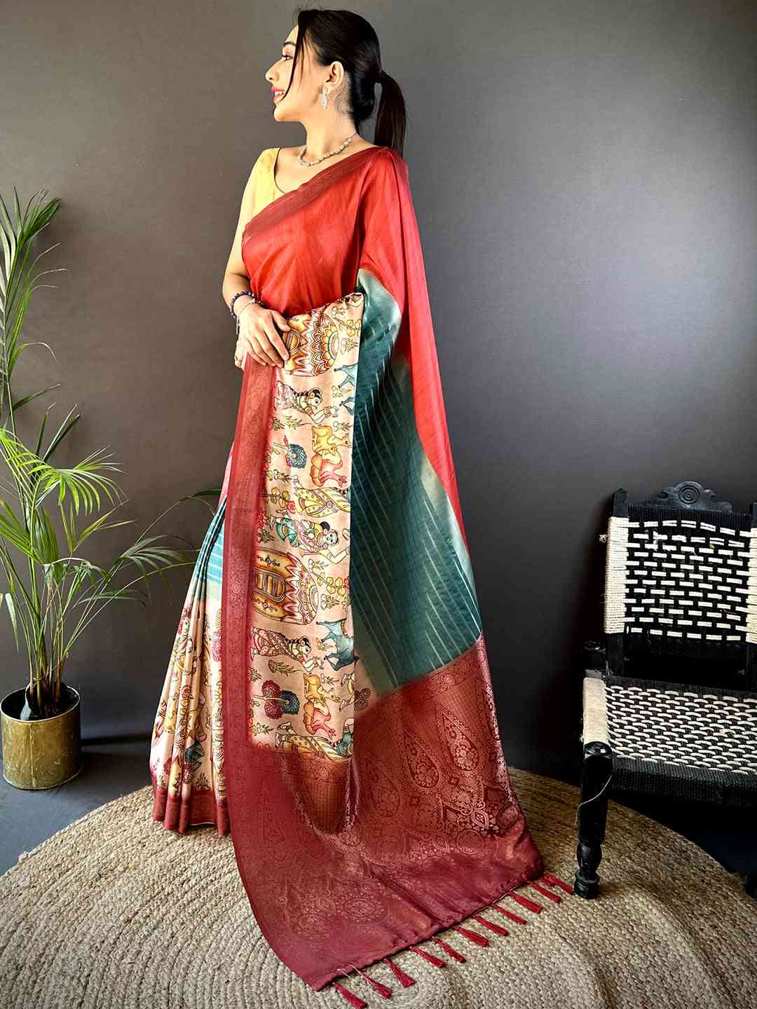 Rose Red Kalamkari Ombre Soft Silk Saree by My Store