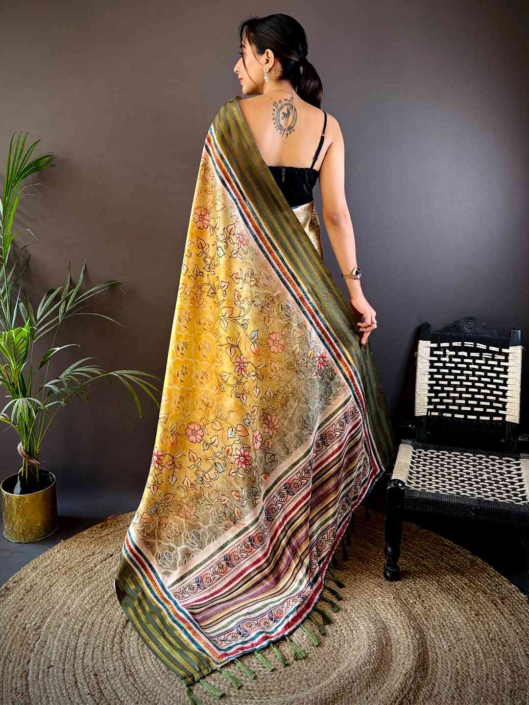 Yellow Kalamkari Floral Printed Silk Saree